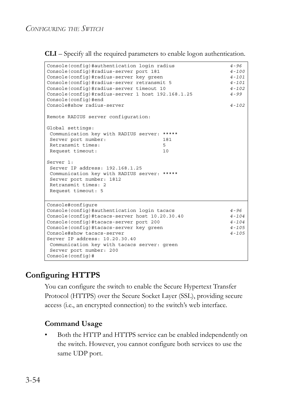 Configuring https, Configuring https -54, Command usage | SMC Networks TigerSwitch User Manual | Page 104 / 518