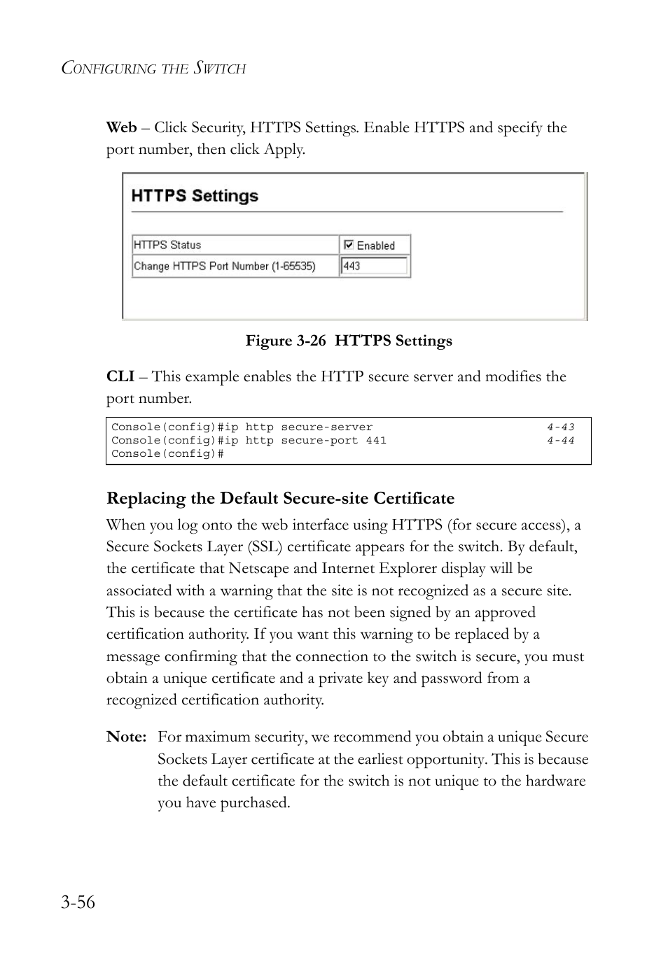 Replacing the default secure-site certificate, Replacing the default secure-site certificate -56, Figure 3-26 https settings -56 | SMC Networks TigerSwitch User Manual | Page 106 / 518