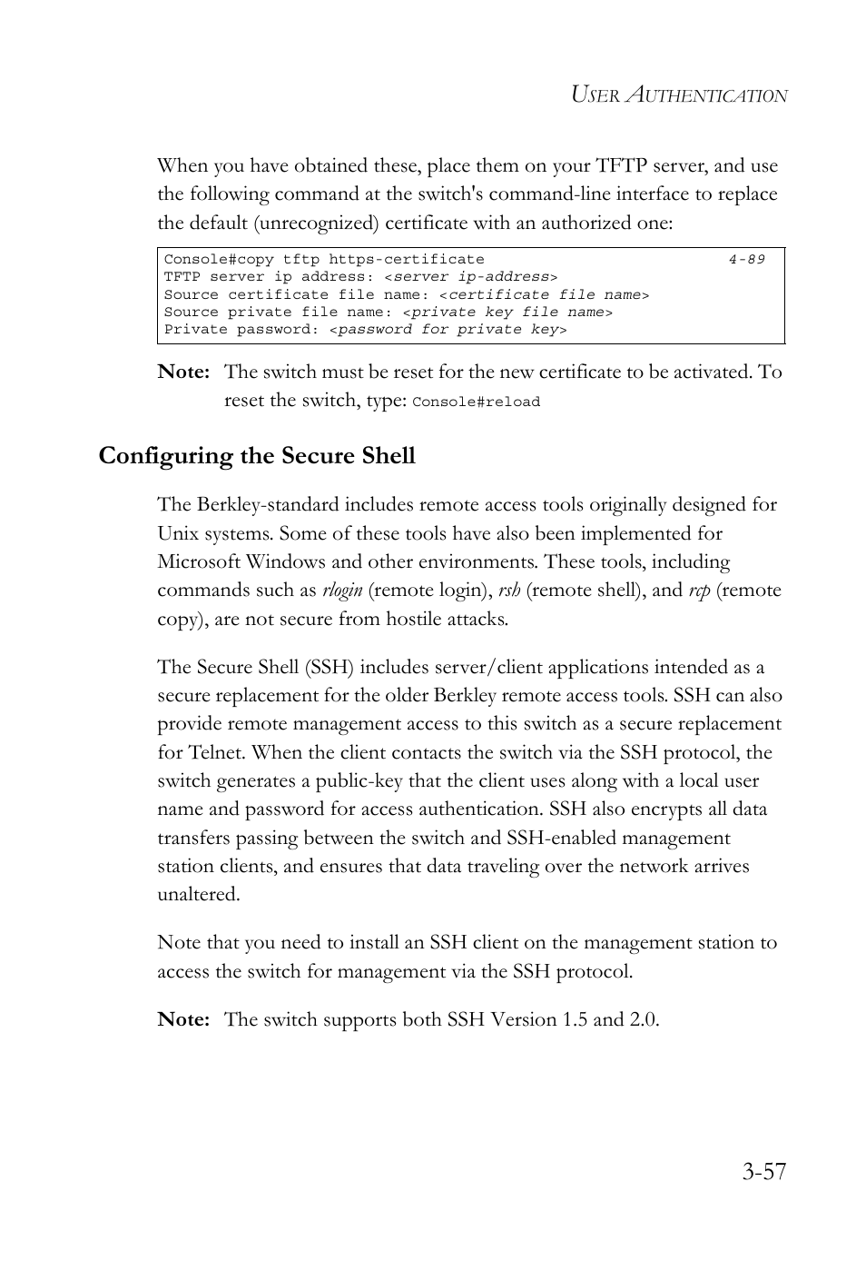 Configuring the secure shell, Configuring the secure shell -57, Ssh 3-57 | SMC Networks TigerSwitch User Manual | Page 107 / 518