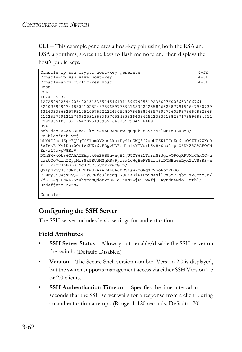 Configuring the ssh server, Configuring the ssh server -62, Field attributes | SMC Networks TigerSwitch User Manual | Page 112 / 518