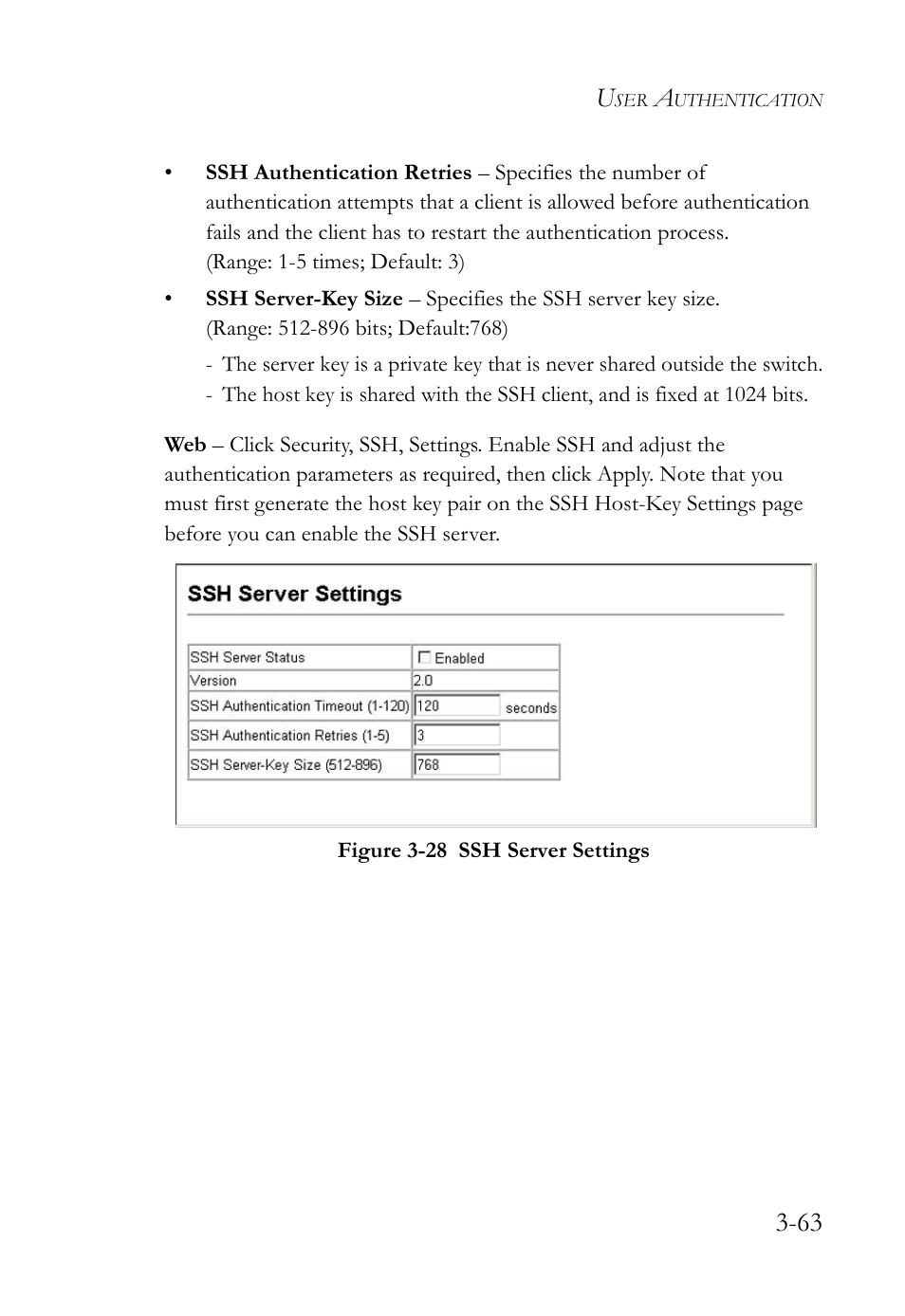 Figure 3-28 ssh server settings -63 | SMC Networks TigerSwitch User Manual | Page 113 / 518