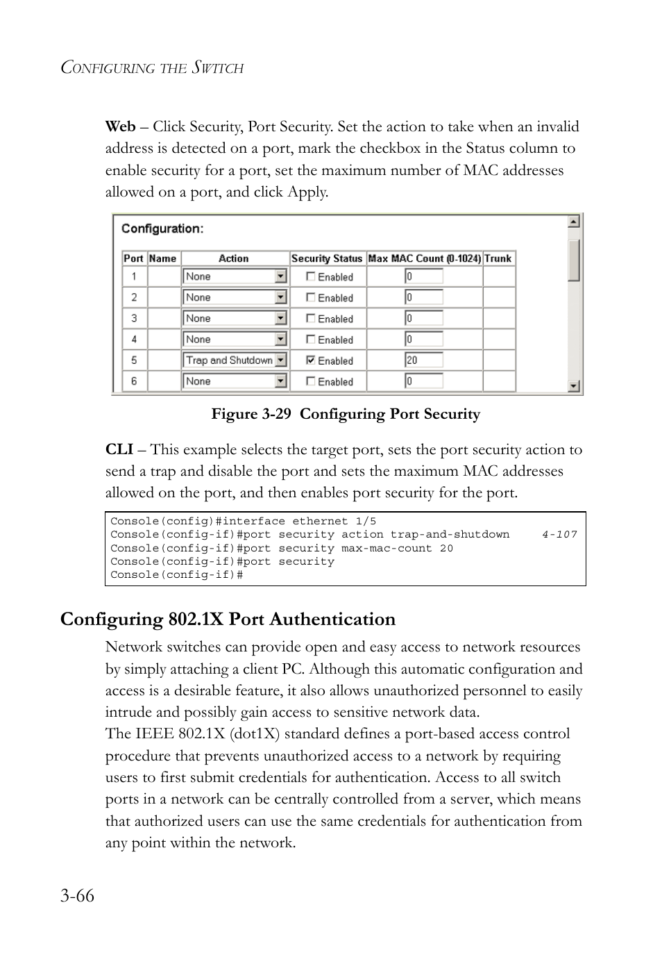 Configuring 802.1x port authentication, Configuring 802.1x port authentication -66, Figure 3-29 configuring port security -66 | SMC Networks TigerSwitch User Manual | Page 116 / 518