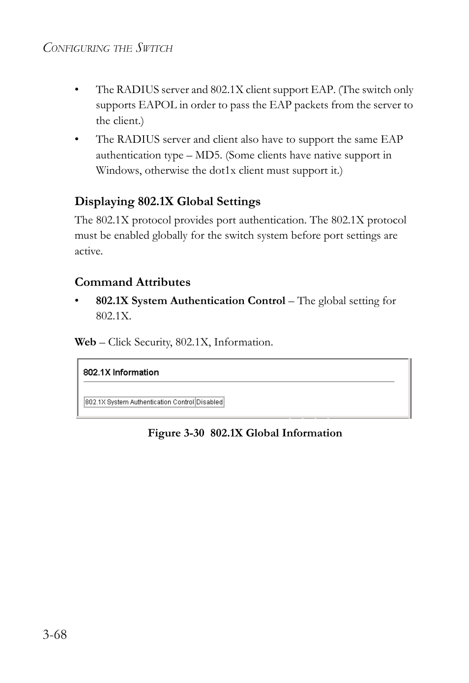 Displaying 802.1x global settings, Displaying 802.1x global settings -68, Figure 3-30 802.1x global information -68 | SMC Networks TigerSwitch User Manual | Page 118 / 518