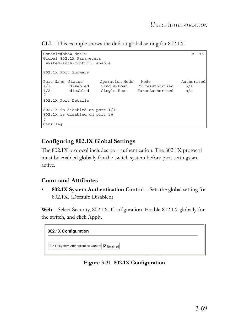 Configuring 802.1x global settings, Configuring 802.1x global settings -69, Figure 3-31 802.1x configuration -69 | Command attributes | SMC Networks TigerSwitch User Manual | Page 119 / 518