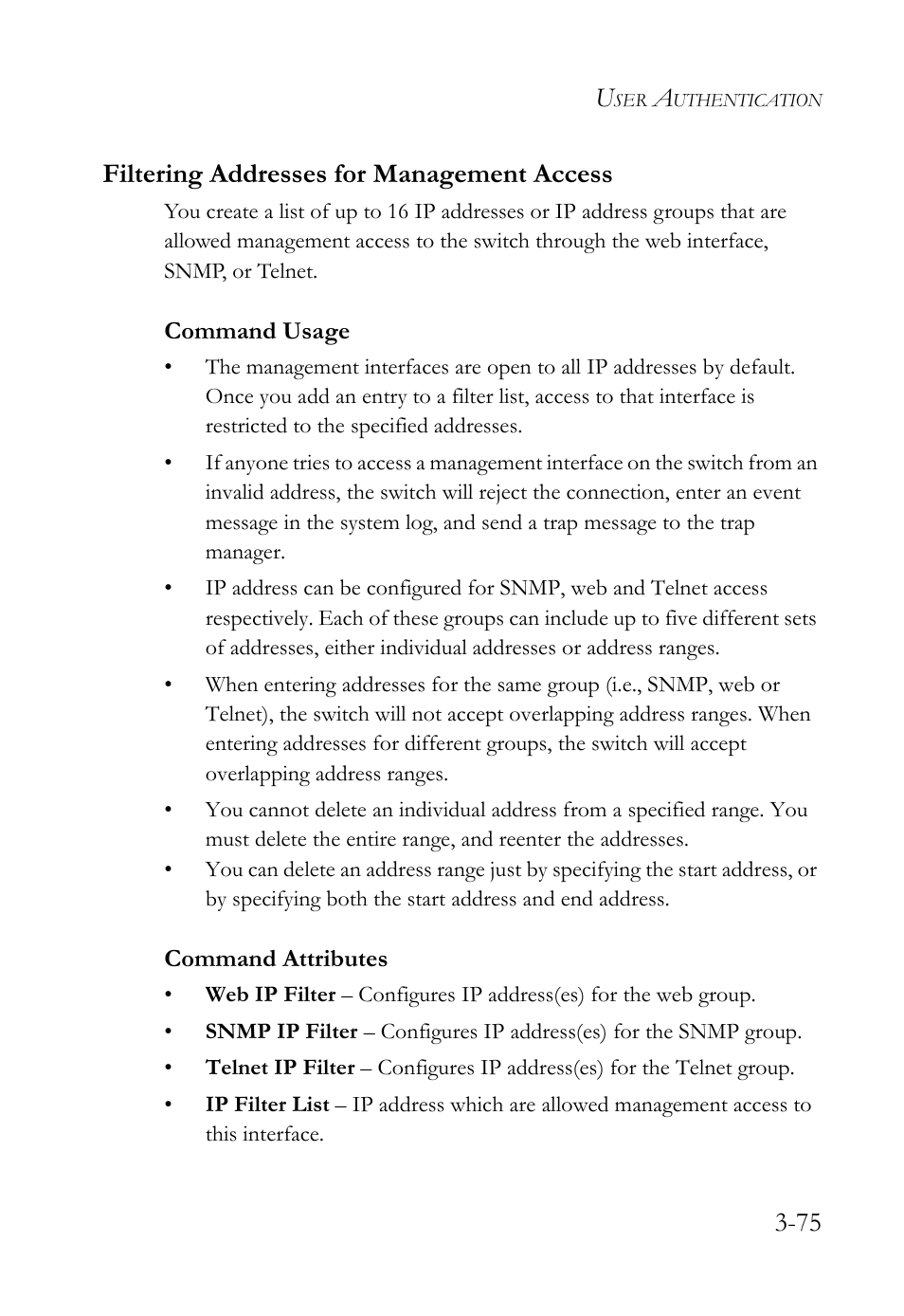 Filtering addresses for managementaccess, Filtering addresses for management access -75, 75 filtering addresses for management access | SMC Networks TigerSwitch User Manual | Page 125 / 518