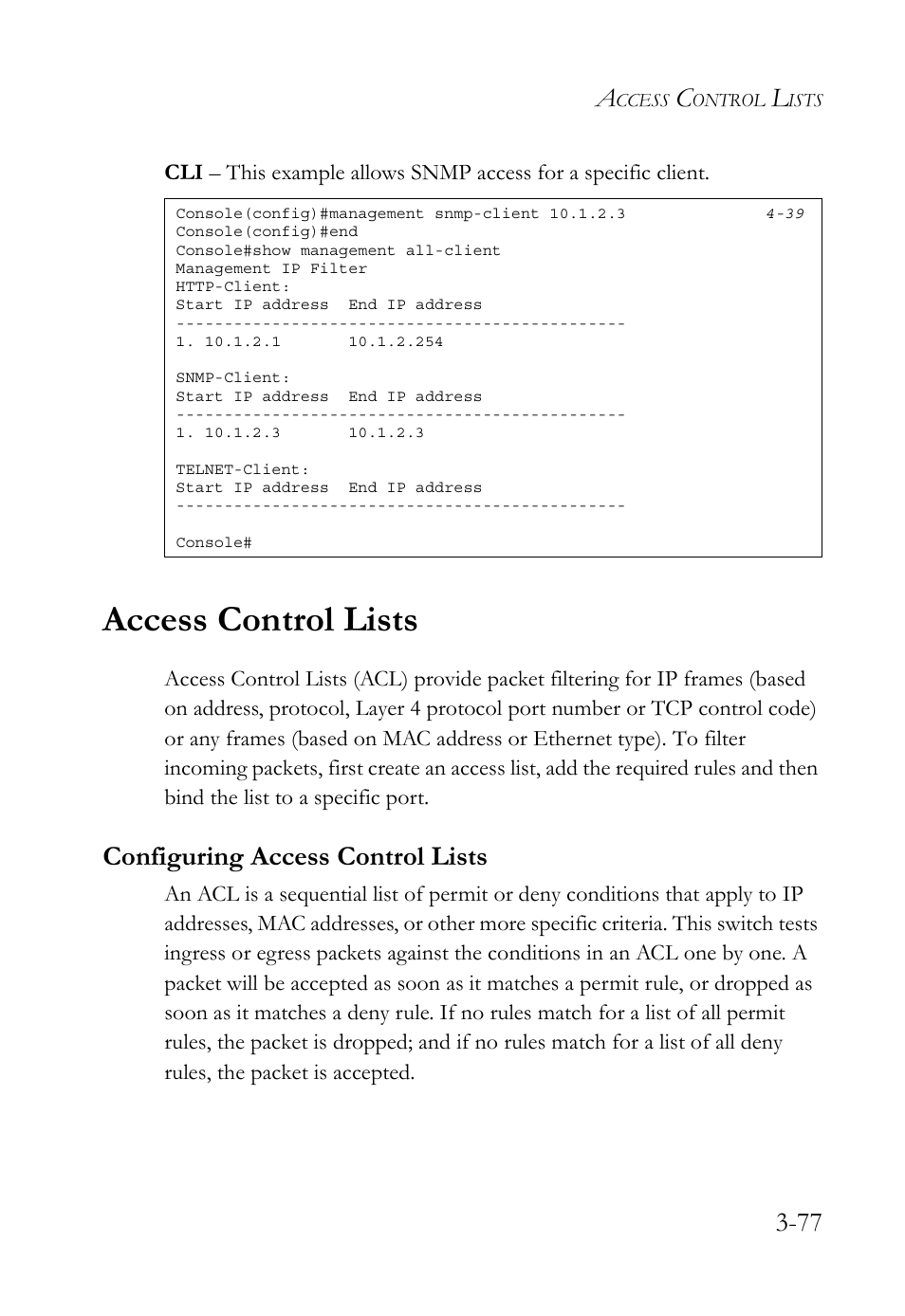 Access control lists, Configuring access control lists, Access control lists -77 | Configuring access control lists -77 | SMC Networks TigerSwitch User Manual | Page 127 / 518