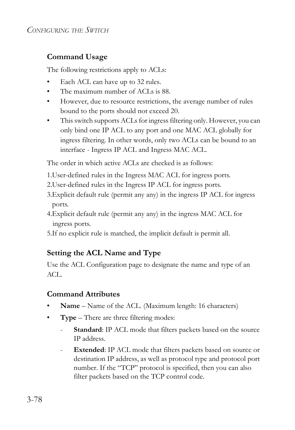 Setting the acl name and type, Setting the acl name and type -78 | SMC Networks TigerSwitch User Manual | Page 128 / 518