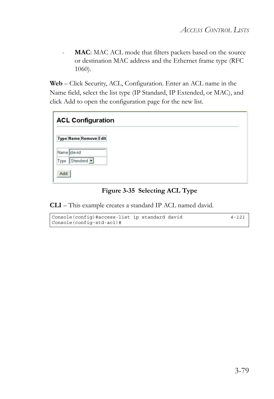 Figure 3-35 selecting acl type -79 | SMC Networks TigerSwitch User Manual | Page 129 / 518