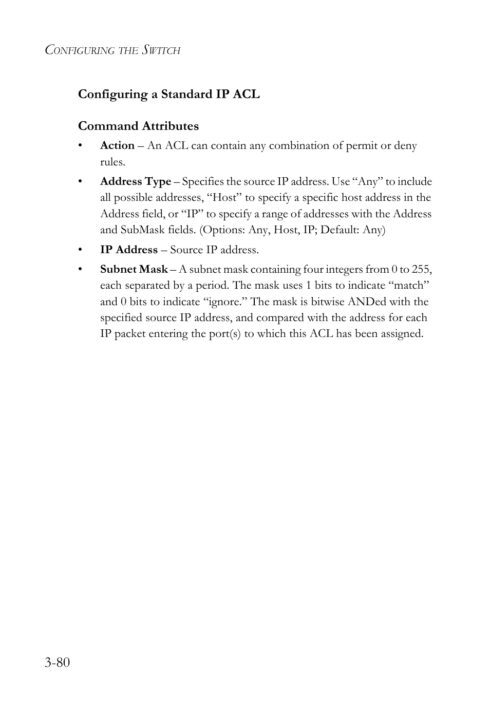 Configuring a standard ip acl, Configuring a standard ip acl -80 | SMC Networks TigerSwitch User Manual | Page 130 / 518