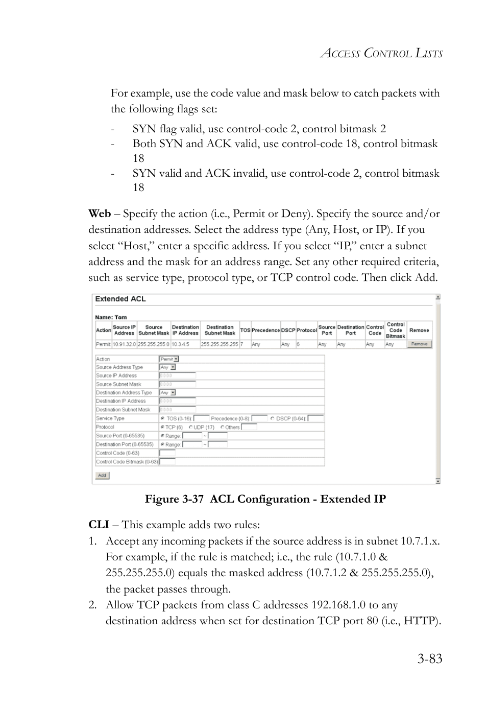 Figure 3-37 acl configuration - extended ip -83 | SMC Networks TigerSwitch User Manual | Page 133 / 518
