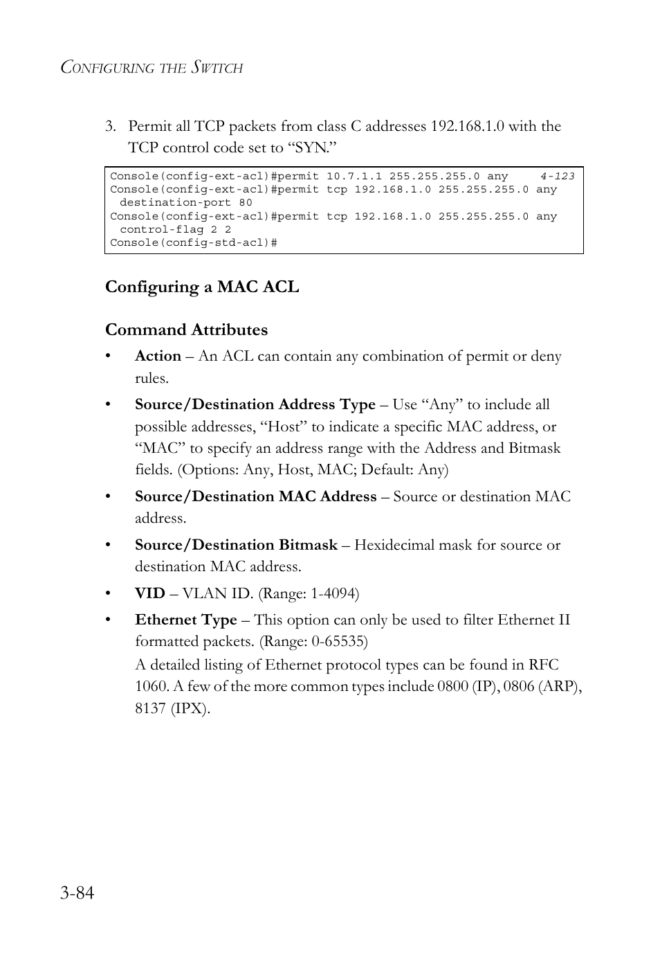 Configuring a mac acl, Configuring a mac acl -84, Configuring a mac acl command attributes | SMC Networks TigerSwitch User Manual | Page 134 / 518