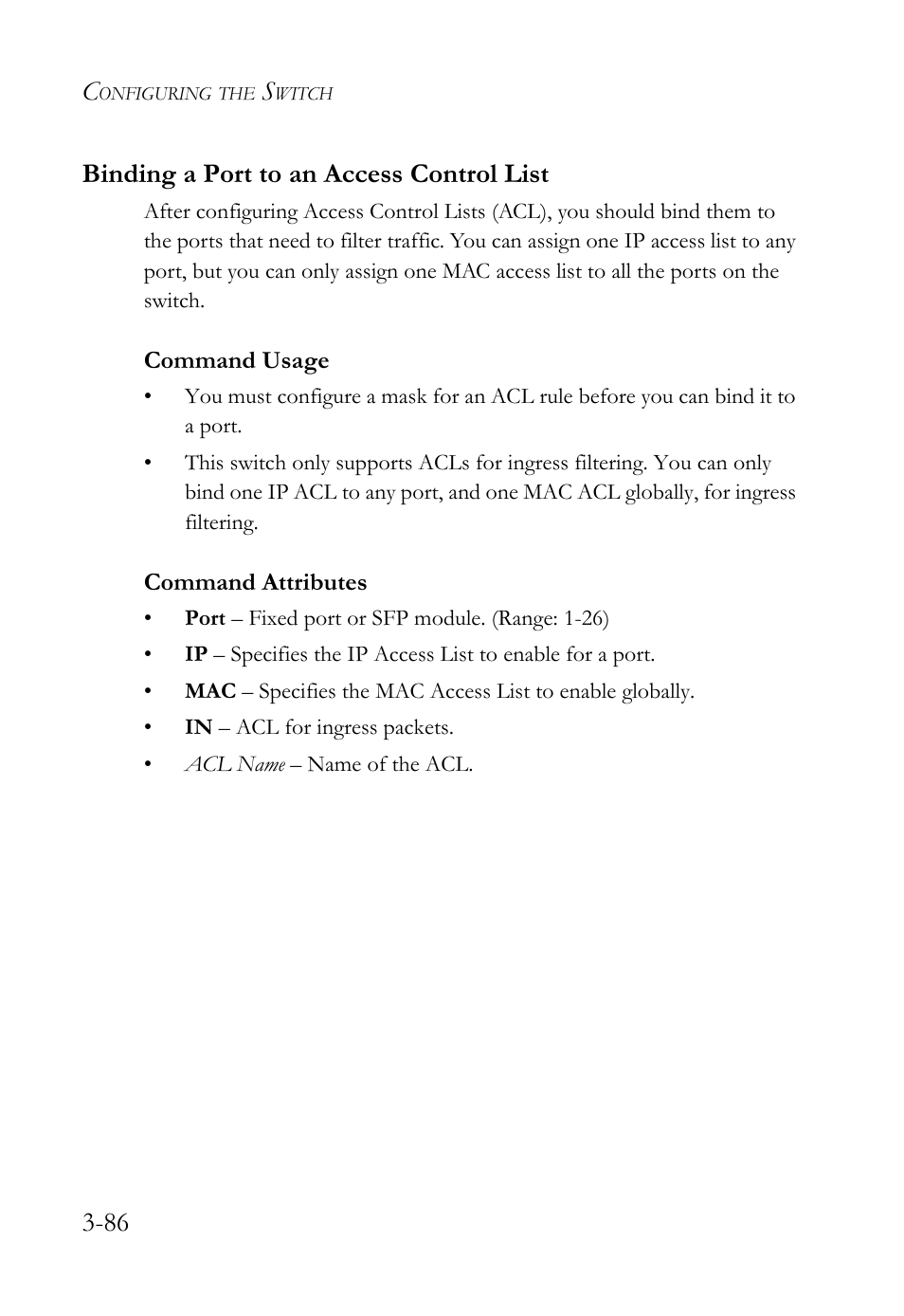 Binding a port to an access control list, Binding a port to an access control list -86, 86 binding a port to an access control list | SMC Networks TigerSwitch User Manual | Page 136 / 518
