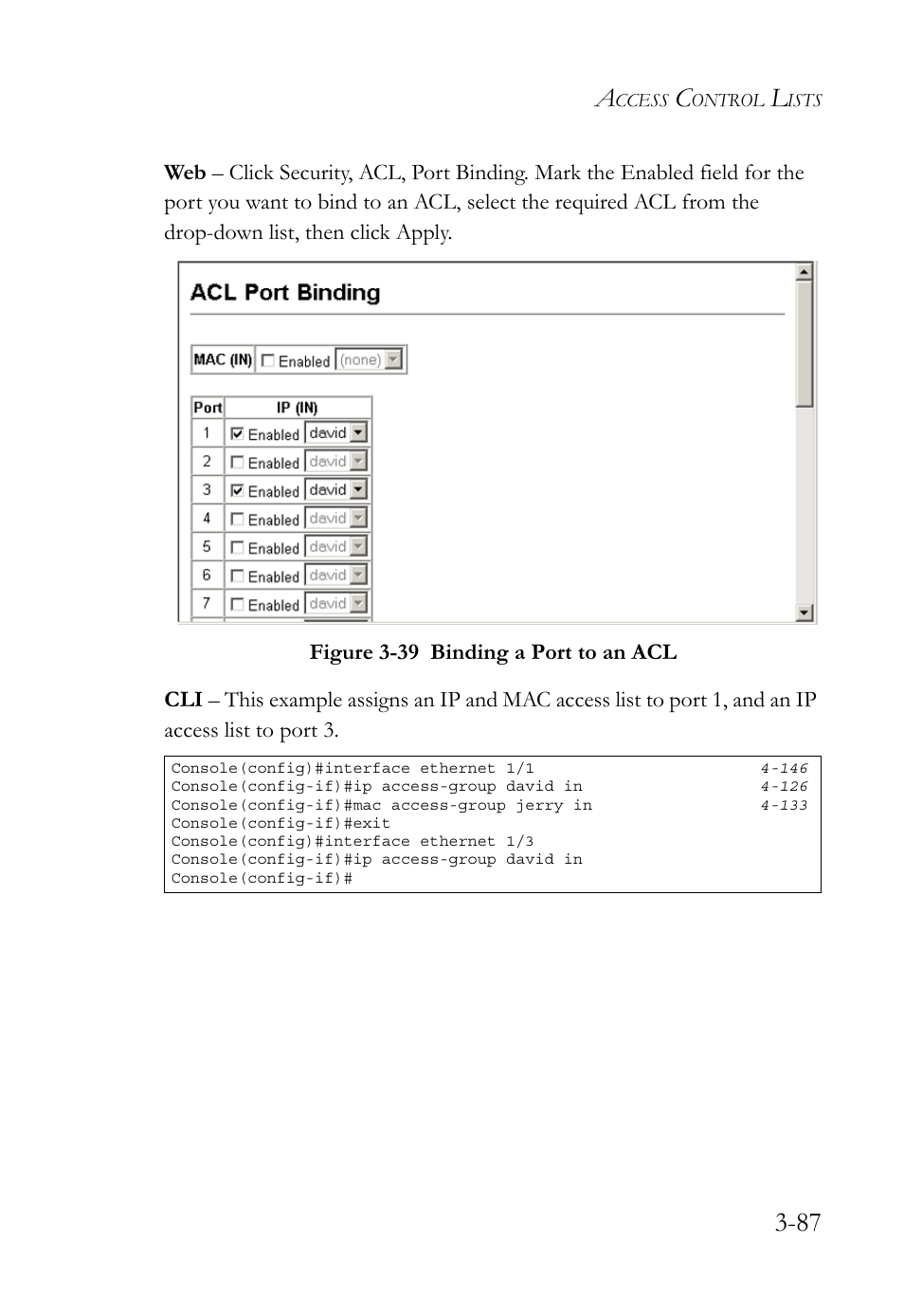 Figure 3-39 binding a port to an acl -87 | SMC Networks TigerSwitch User Manual | Page 137 / 518
