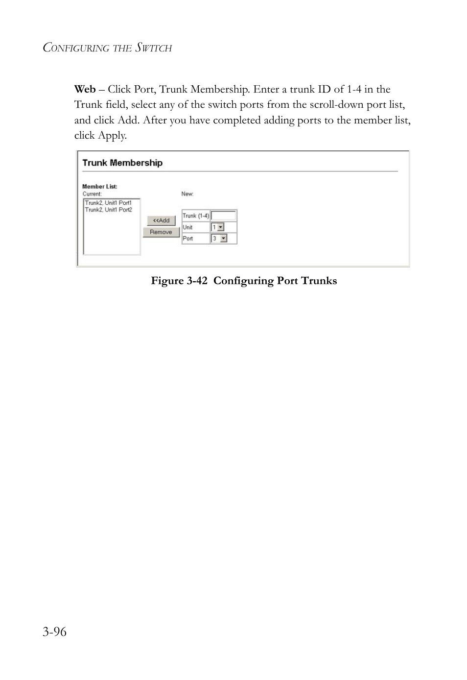 Figure 3-42 configuring port trunks -96 | SMC Networks TigerSwitch User Manual | Page 146 / 518