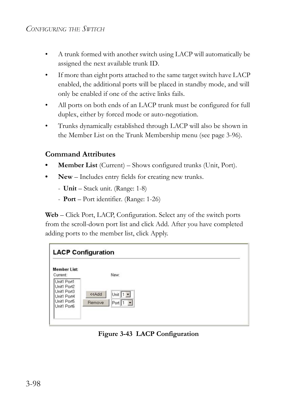 Figure 3-43 lacp configuration -98 | SMC Networks TigerSwitch User Manual | Page 148 / 518