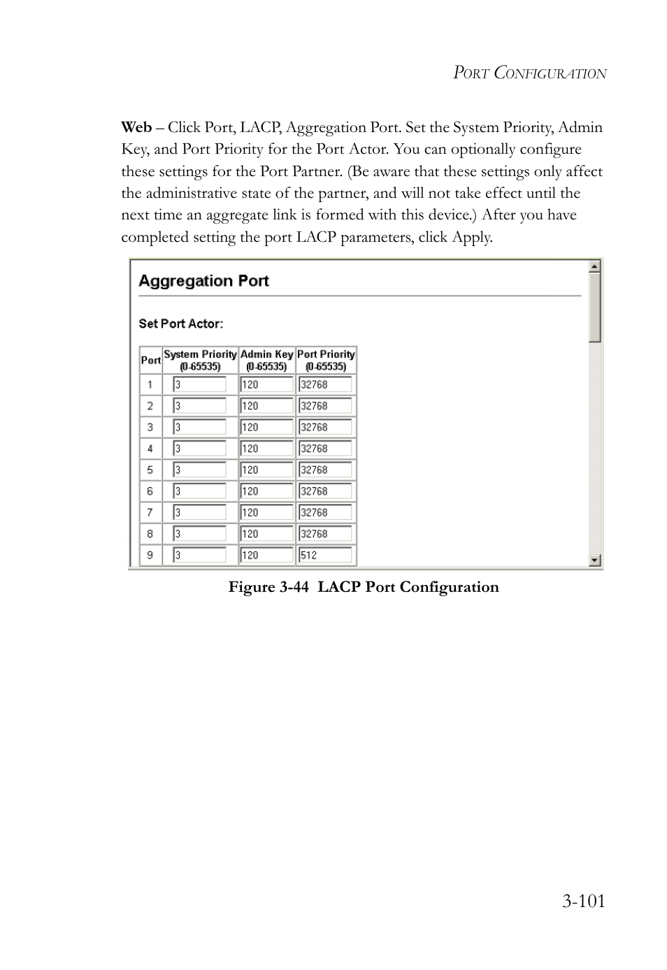 Figure 3-44 lacp port configuration -101 | SMC Networks TigerSwitch User Manual | Page 151 / 518
