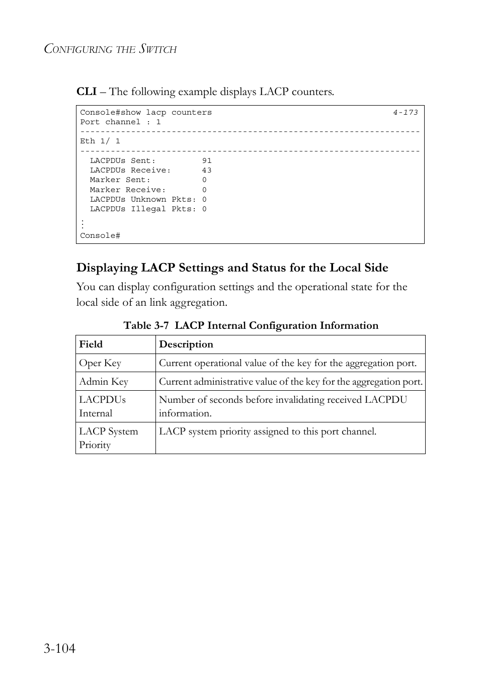 Table 3-7, Lacp internal configuration information -104 | SMC Networks TigerSwitch User Manual | Page 154 / 518