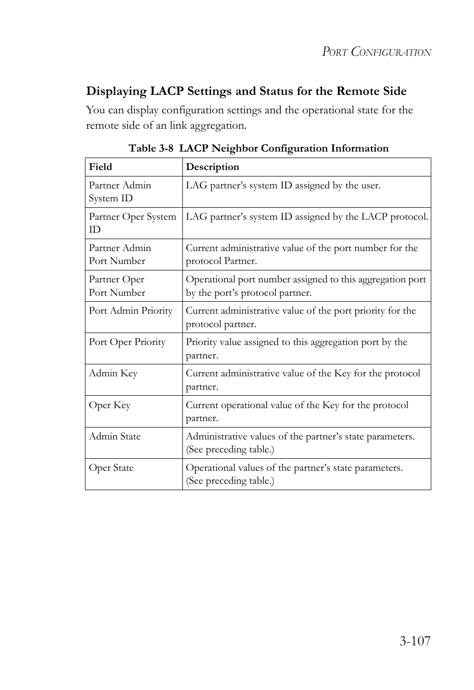 Table 3-8, Lacp neighbor configuration information -107 | SMC Networks TigerSwitch User Manual | Page 157 / 518
