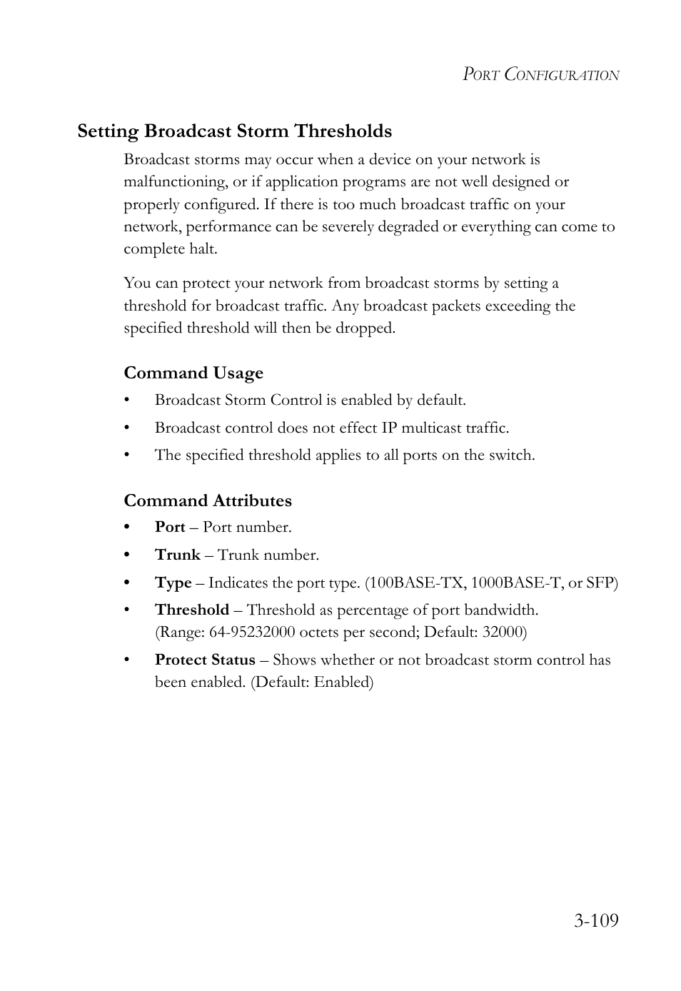 Setting broadcast storm thresholds, Setting broadcast storm thresholds -109, 109 setting broadcast storm thresholds | SMC Networks TigerSwitch User Manual | Page 159 / 518