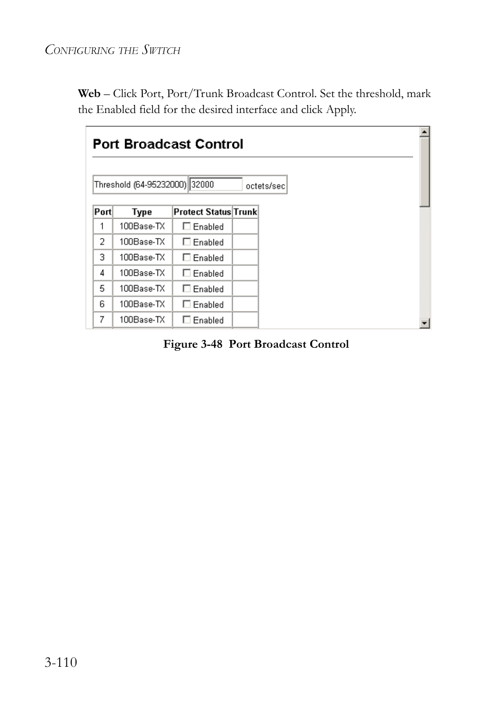 Figure 3-48 port broadcast control -110 | SMC Networks TigerSwitch User Manual | Page 160 / 518