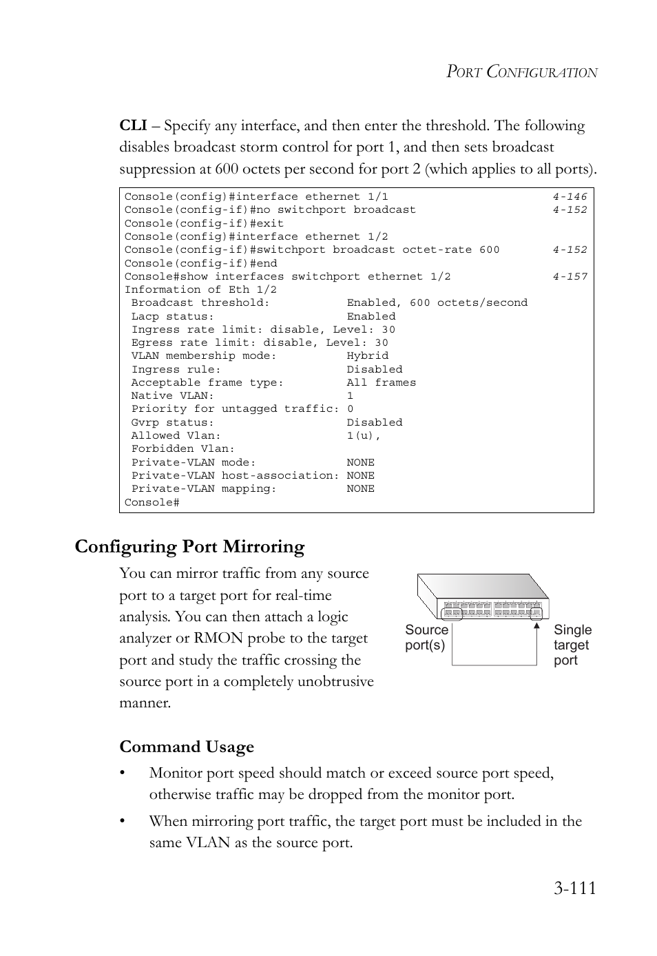 Configuring port mirroring, Configuring port mirroring -111, Command usage | SMC Networks TigerSwitch User Manual | Page 161 / 518