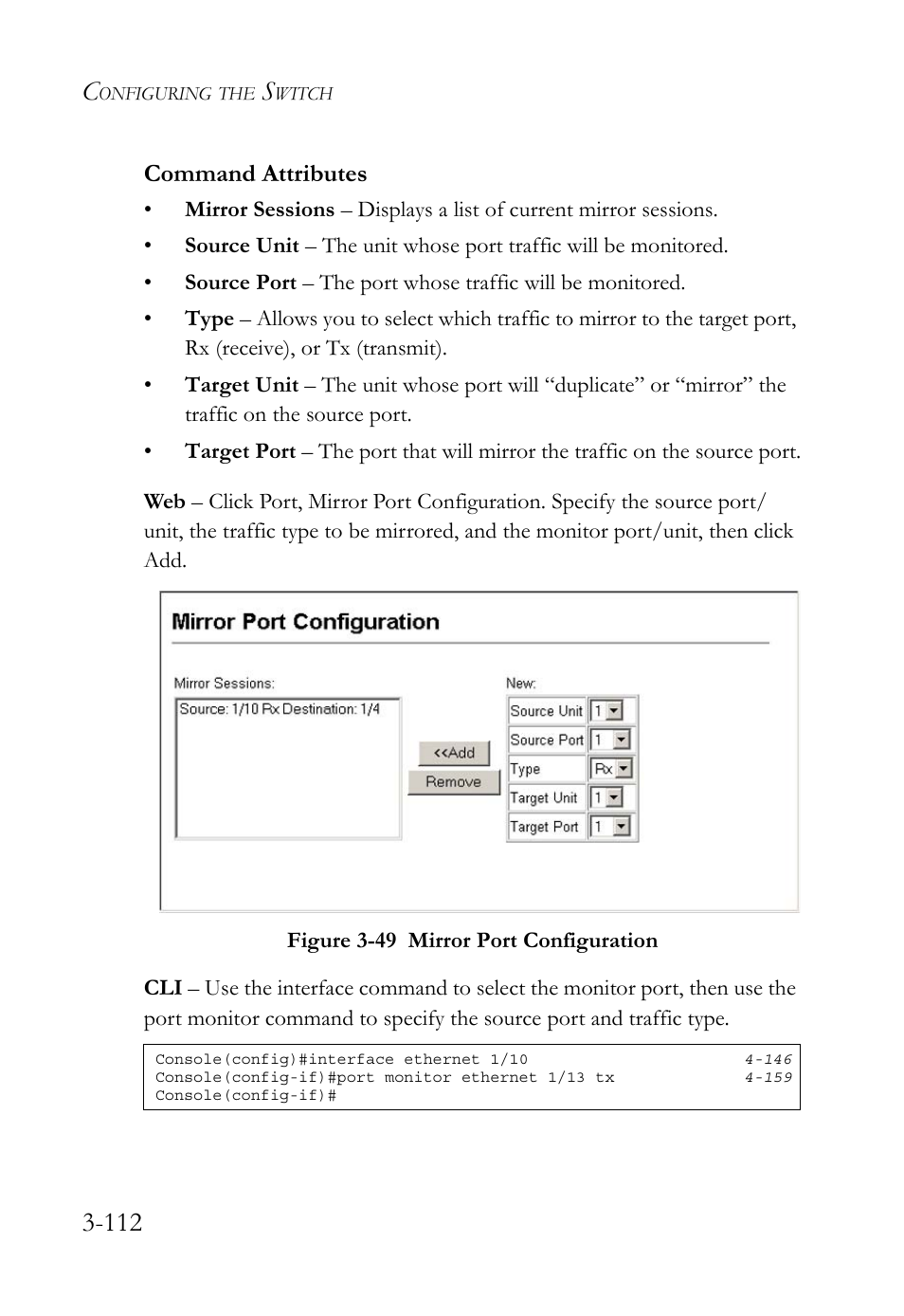 Figure 3-49 mirror port configuration -112, Command attributes | SMC Networks TigerSwitch User Manual | Page 162 / 518