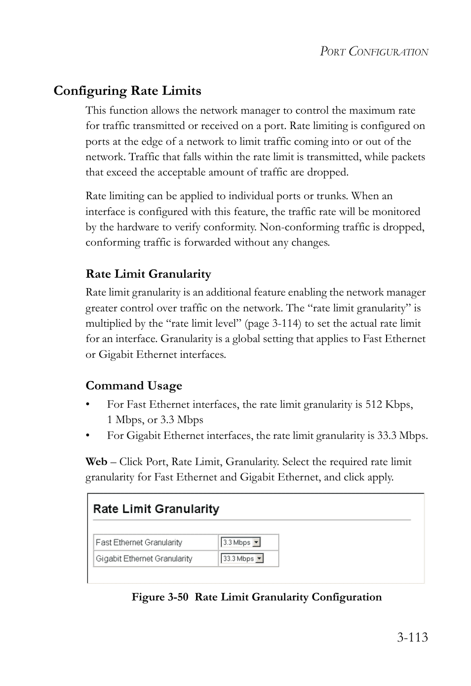 Configuring rate limits, Rate limit granularity, Configuring rate limits -113 | Rate limit granularity -113, 113 configuring rate limits | SMC Networks TigerSwitch User Manual | Page 163 / 518