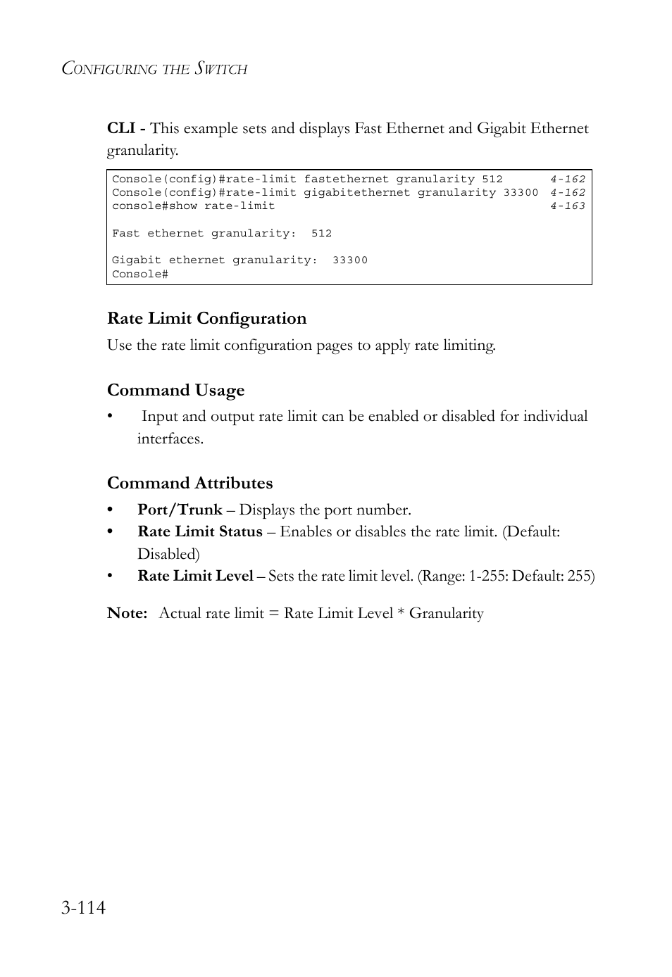 Rate limit configuration, Rate limit configuration -114, Command usage | Command attributes | SMC Networks TigerSwitch User Manual | Page 164 / 518