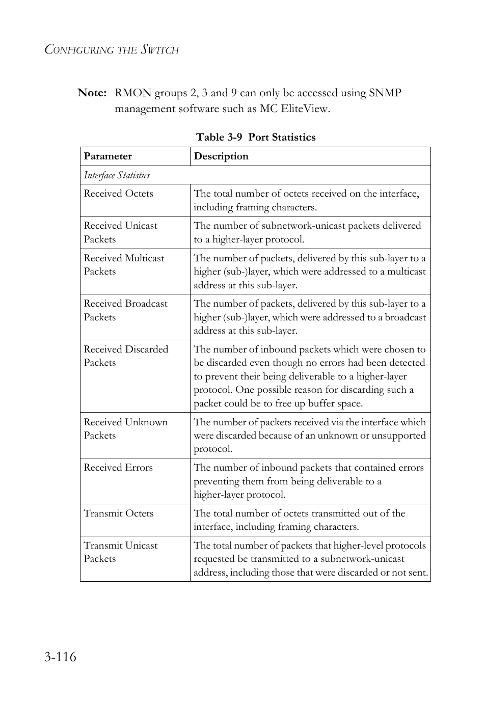 Table 3-9, Port statistics -116 | SMC Networks TigerSwitch User Manual | Page 166 / 518