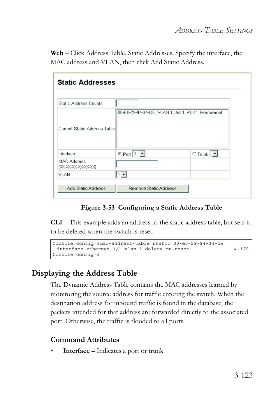 Displaying the address table, Displaying the address table -123, Command attributes | SMC Networks TigerSwitch User Manual | Page 173 / 518