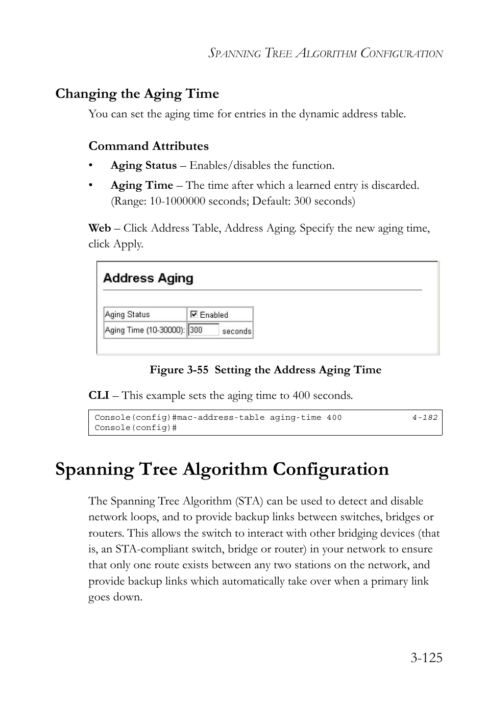 Changing the aging time, Spanning tree algorithm configuration, Changing the aging time -125 | Spanning tree algorithm configuration -125, Figure 3-55 setting the address aging time -125, 125 changing the aging time | SMC Networks TigerSwitch User Manual | Page 175 / 518