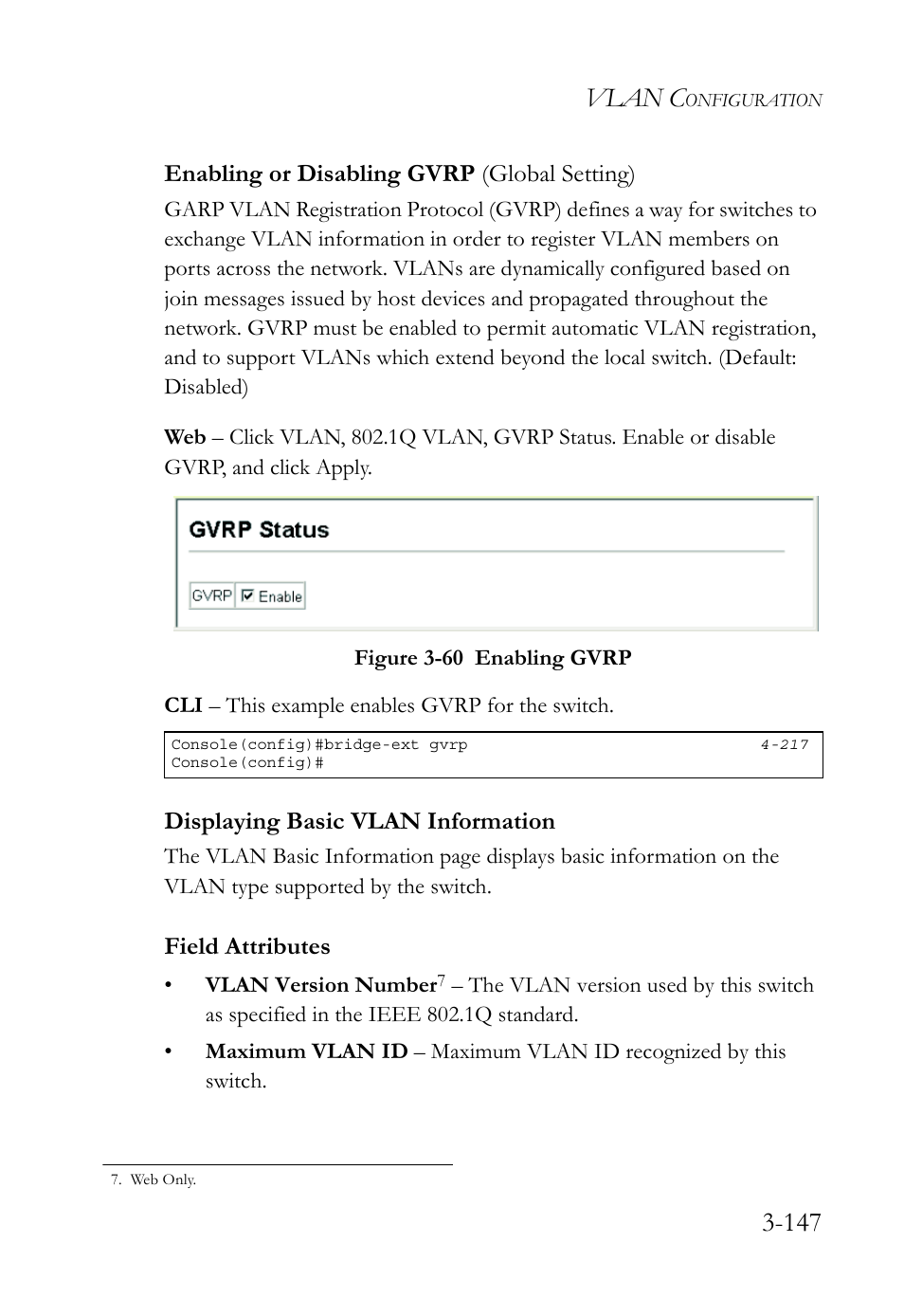 Enabling or disabling gvrp (global setting), Displaying basic vlan information, Enabling or disabling gvrp (global setting) -147 | Displaying basic vlan information -147, Figure 3-60 enabling gvrp -147, Vlan c, Field attributes | SMC Networks TigerSwitch User Manual | Page 197 / 518