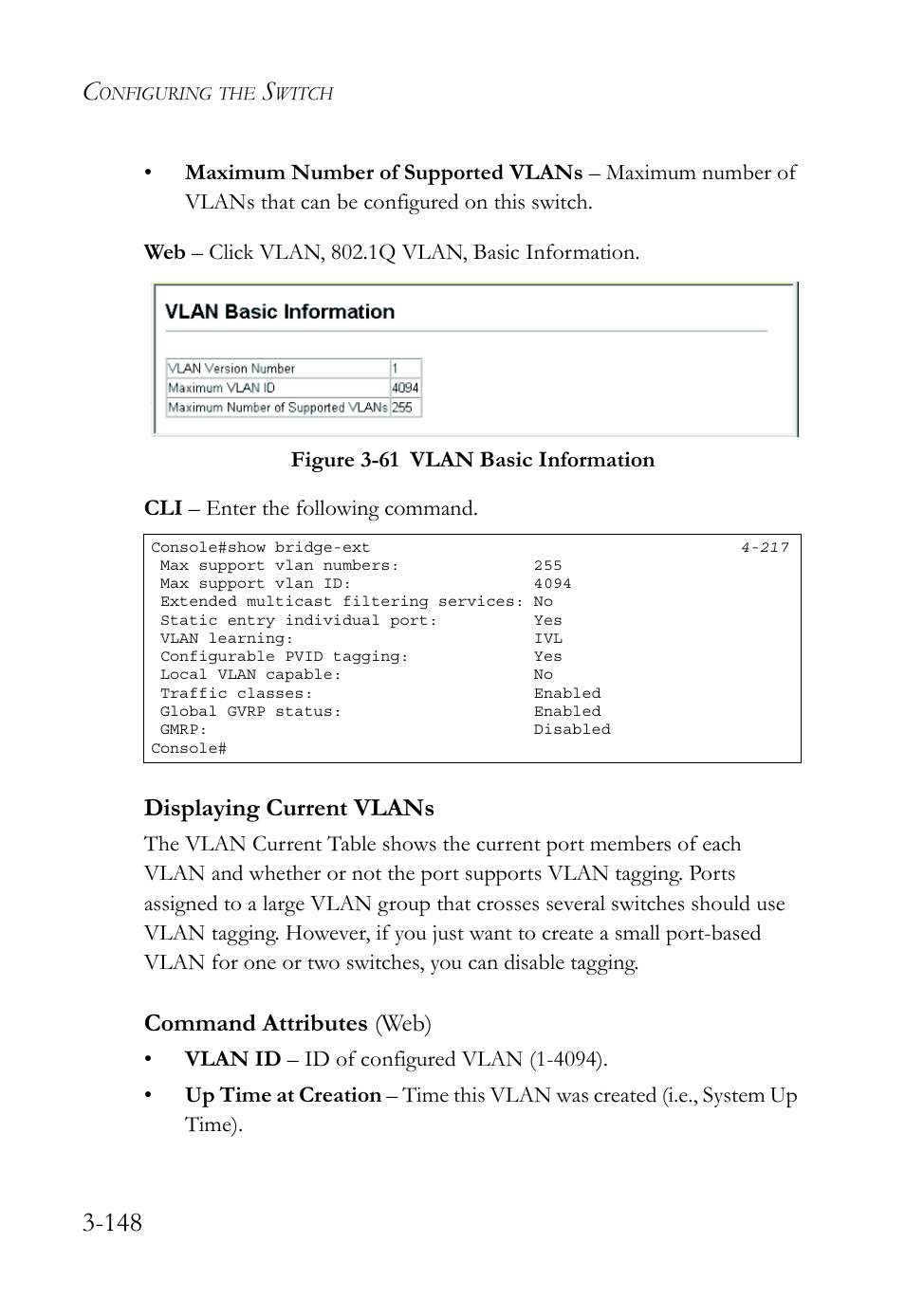 Displaying current vlans, Displaying current vlans -148, Figure 3-61 vlan basic information -148 | SMC Networks TigerSwitch User Manual | Page 198 / 518