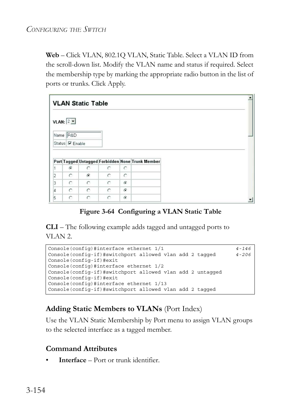 Adding static members to vlans (port index), Adding static members to vlans (port index) -154, Figure 3-64 configuring a vlan static table -154 | Command attributes | SMC Networks TigerSwitch User Manual | Page 204 / 518