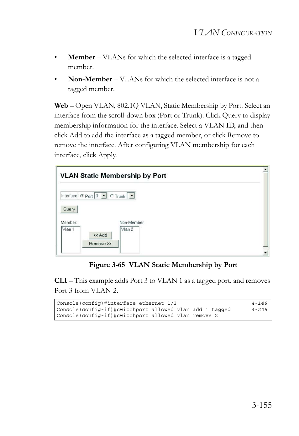 Figure 3-65 vlan static membership by port -155, Vlan c | SMC Networks TigerSwitch User Manual | Page 205 / 518