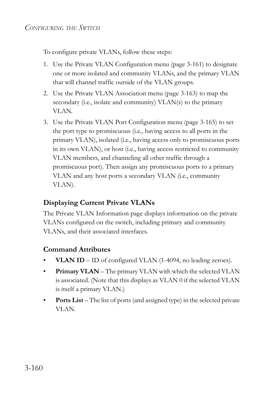Displaying current private vlans, Displaying current private vlans -160 | SMC Networks TigerSwitch User Manual | Page 210 / 518