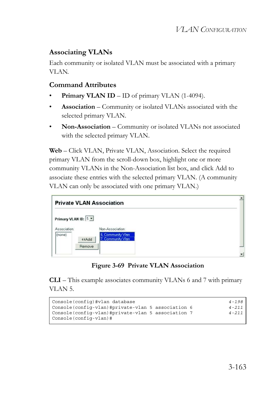 Associating vlans, Associating vlans -163, Figure 3-69 private vlan association -163 | Vlan c, Command attributes | SMC Networks TigerSwitch User Manual | Page 213 / 518