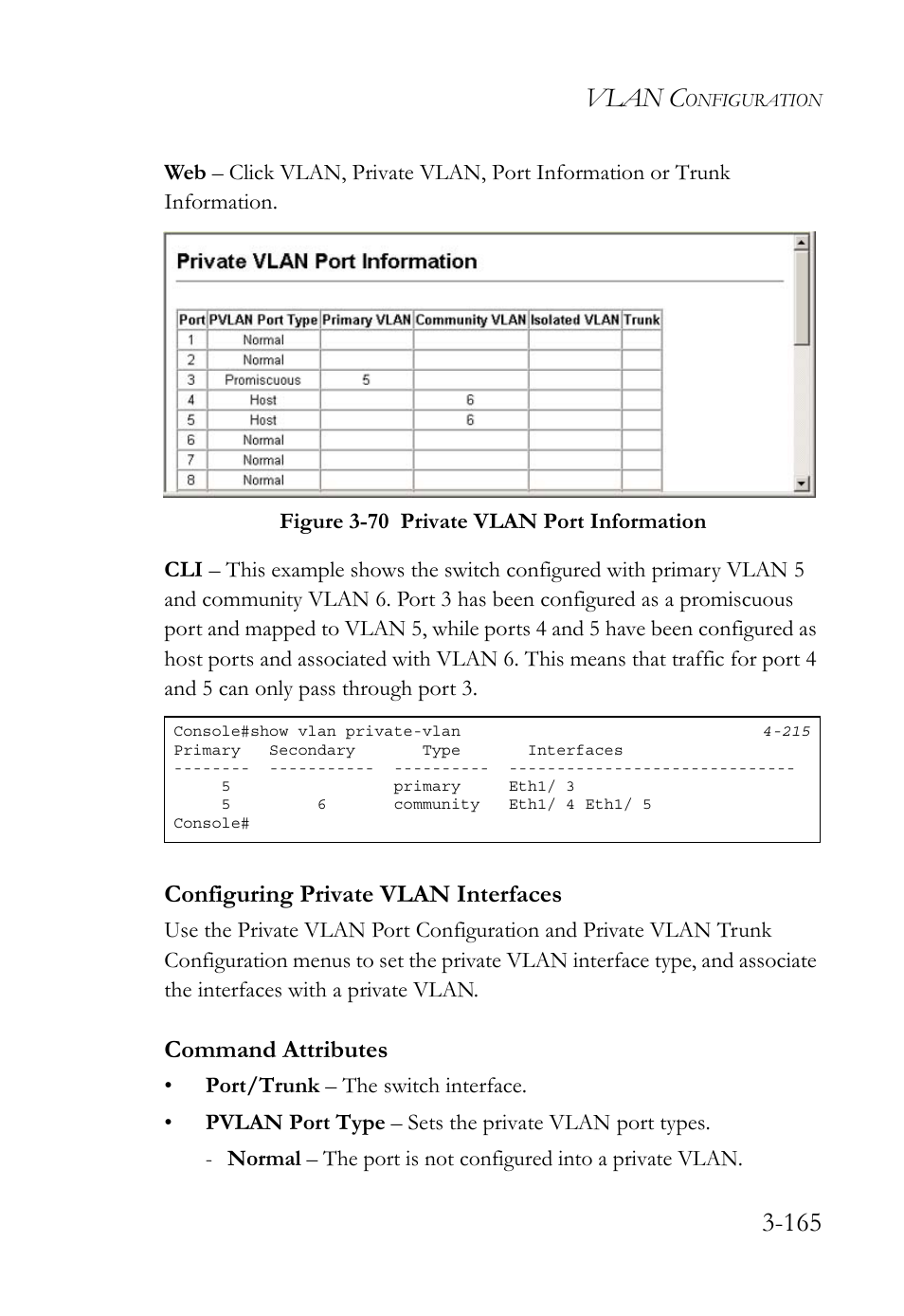 Configuring private vlan interfaces, Configuring private vlan interfaces -165, Figure 3-70 private vlan port information -165 | Vlan c, Command attributes | SMC Networks TigerSwitch User Manual | Page 215 / 518