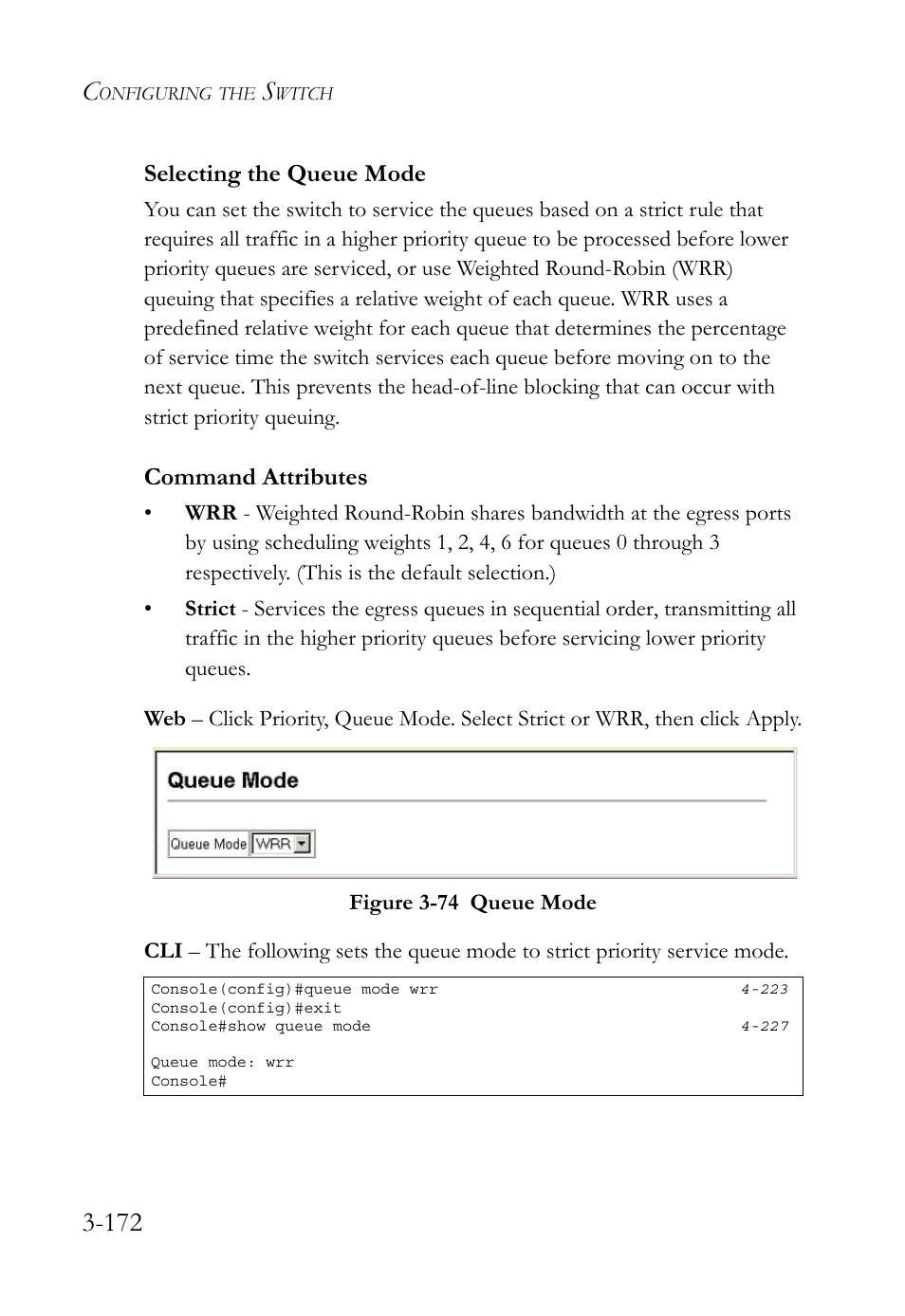 Selecting the queue mode, Selecting the queue mode -172, Figure 3-74 queue mode -172 | Command attributes | SMC Networks TigerSwitch User Manual | Page 222 / 518