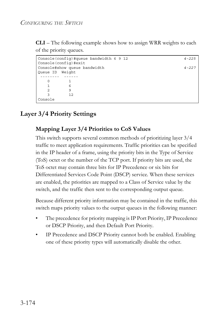 Layer 3/4 priority settings, Mapping layer 3/4 priorities to cos values, Layer 3/4 priority settings -174 | Mapping layer 3/4 priorities to cos values -174 | SMC Networks TigerSwitch User Manual | Page 224 / 518