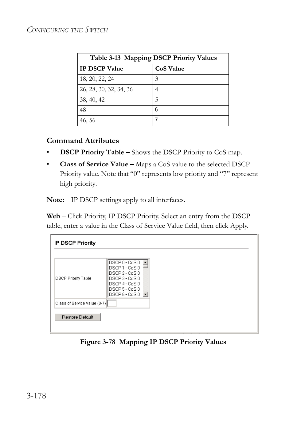 Figure 3-78 mapping ip dscp priority values -178, Command attributes | SMC Networks TigerSwitch User Manual | Page 228 / 518