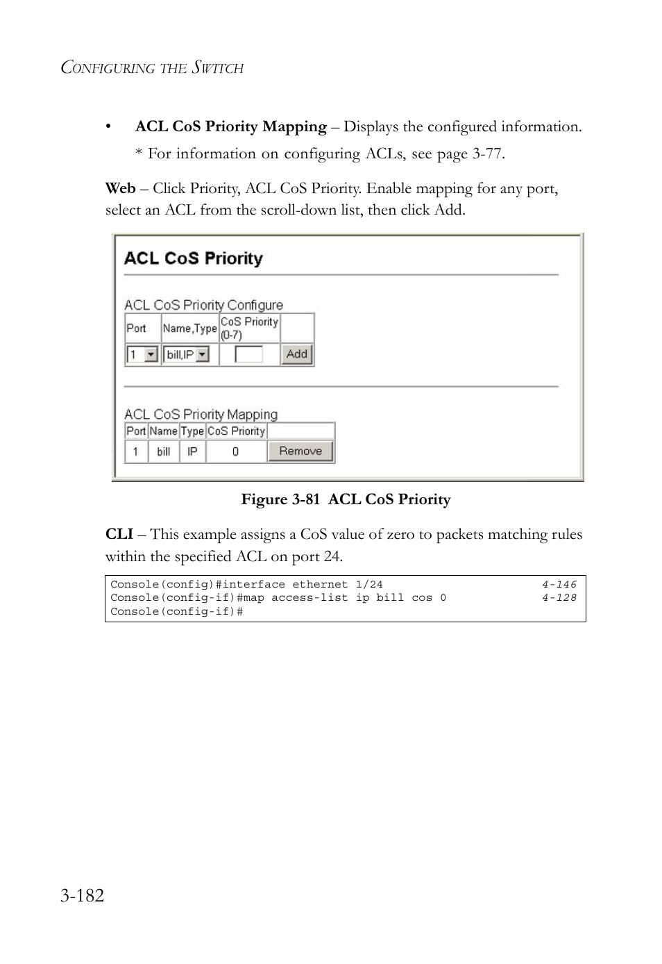 Figure 3-81 acl cos priority -182 | SMC Networks TigerSwitch User Manual | Page 232 / 518