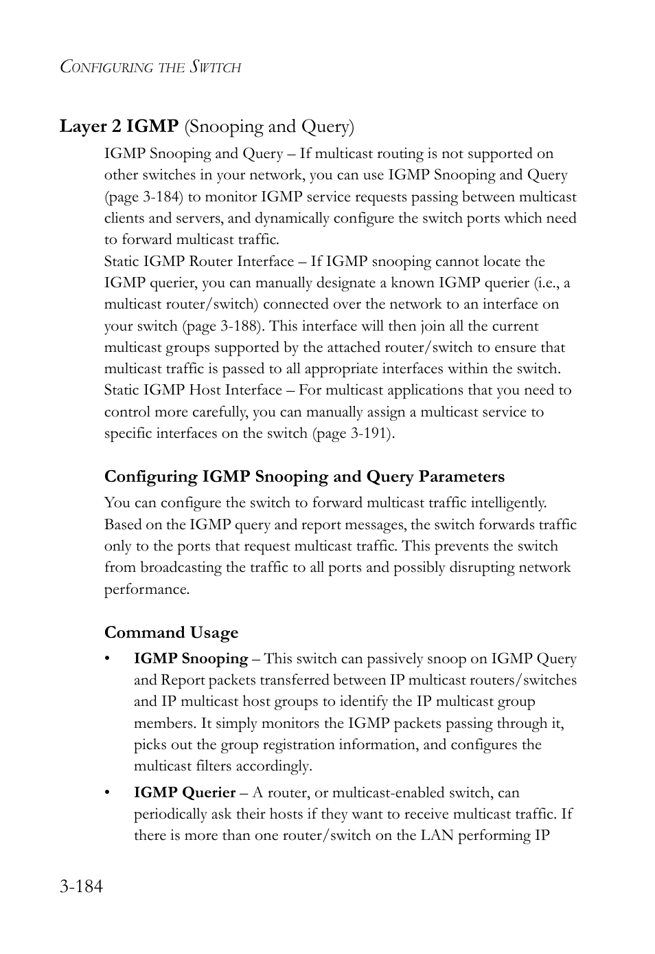Layer 2 igmp (snooping and query), Configuring igmp snooping and query parameters, Layer 2 igmp (snooping and query) -184 | 184 layer 2 igmp (snooping and query) | SMC Networks TigerSwitch User Manual | Page 234 / 518