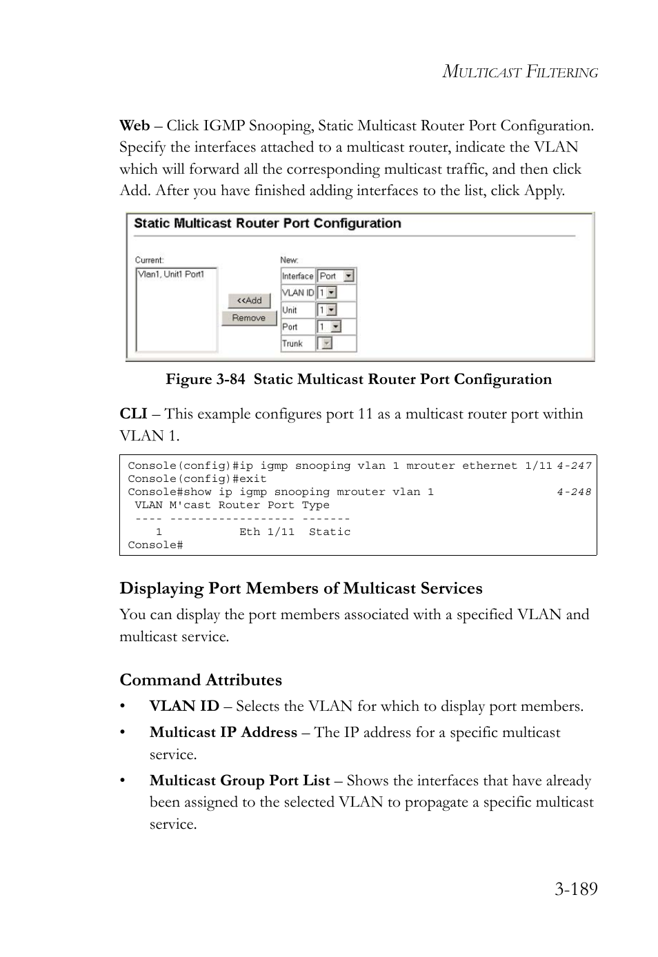 Displaying port members of multicast services, Displaying port members of multicast services -189 | SMC Networks TigerSwitch User Manual | Page 239 / 518