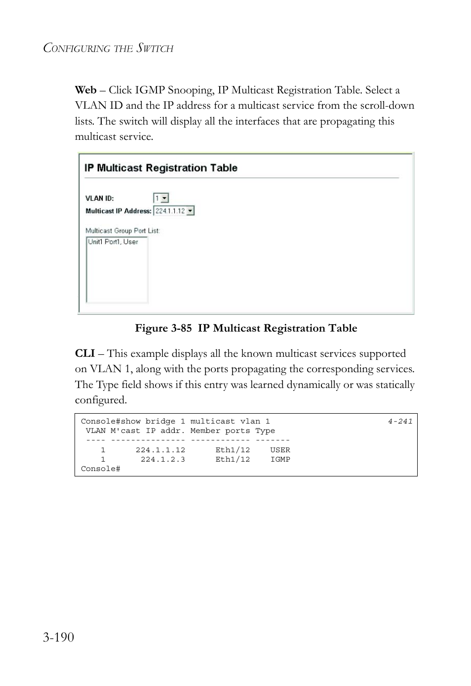 Figure 3-85 ip multicast registration table -190 | SMC Networks TigerSwitch User Manual | Page 240 / 518