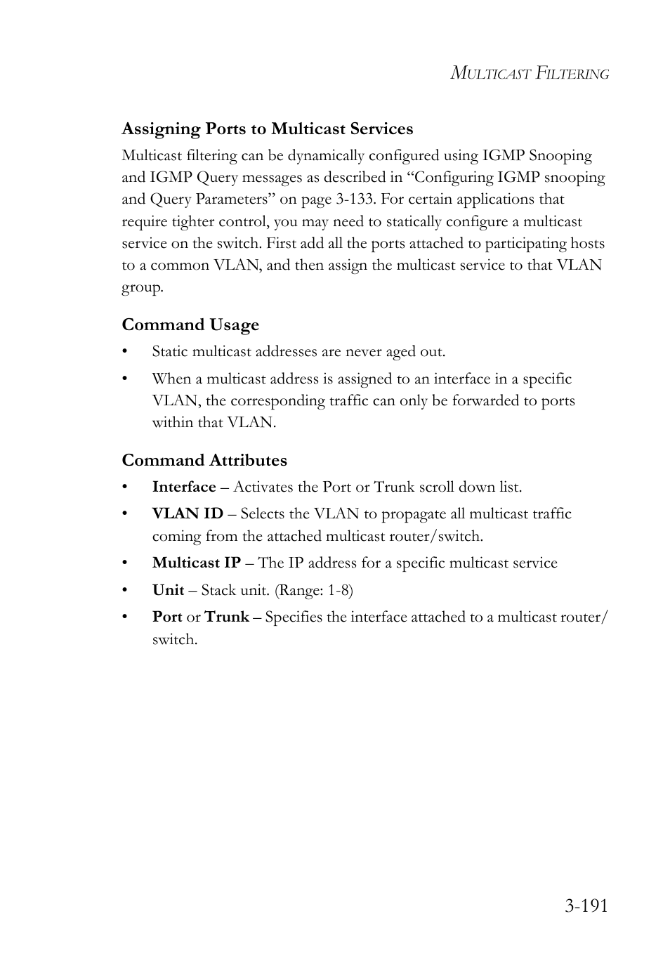 Assigning ports to multicast services, Assigning ports to multicast services -191 | SMC Networks TigerSwitch User Manual | Page 241 / 518