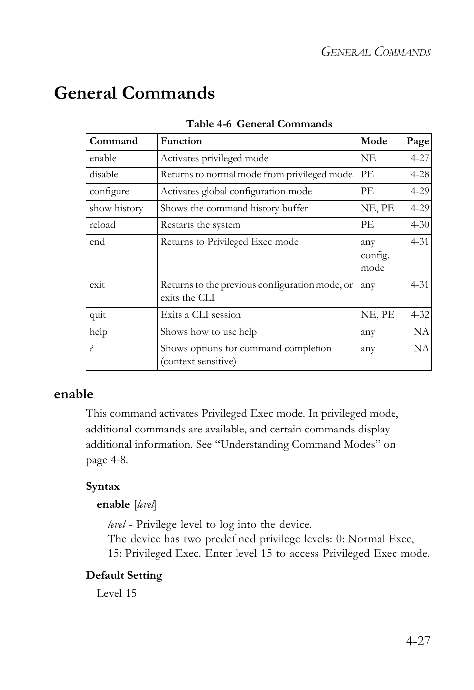 General commands, Enable, General commands -27 | Enable -27, Table 4-6 | SMC Networks TigerSwitch User Manual | Page 269 / 518