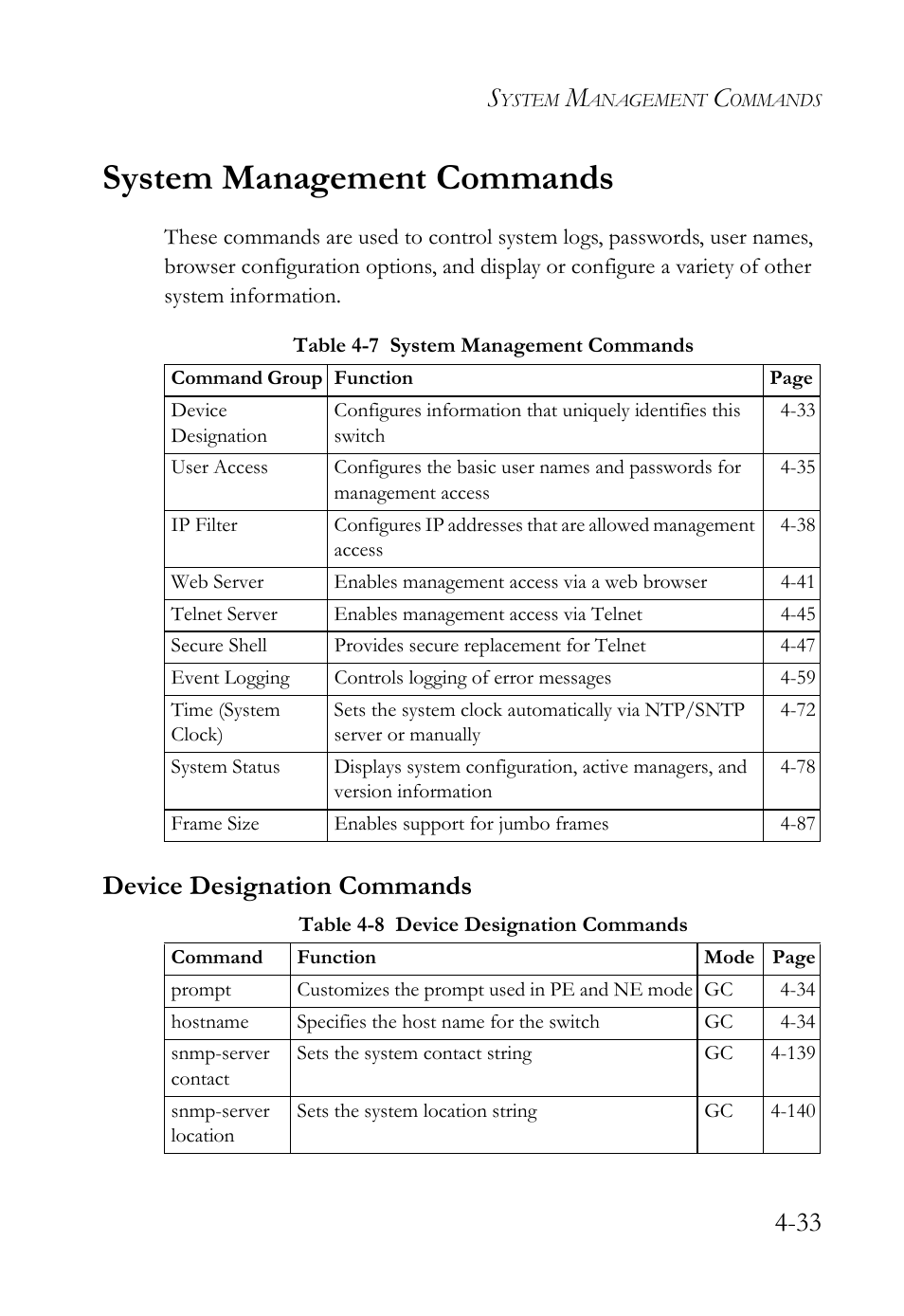 System management commands, Device designation commands, System management commands -33 | Device designation commands -33, Table 4-7, Table 4-8 | SMC Networks TigerSwitch User Manual | Page 275 / 518