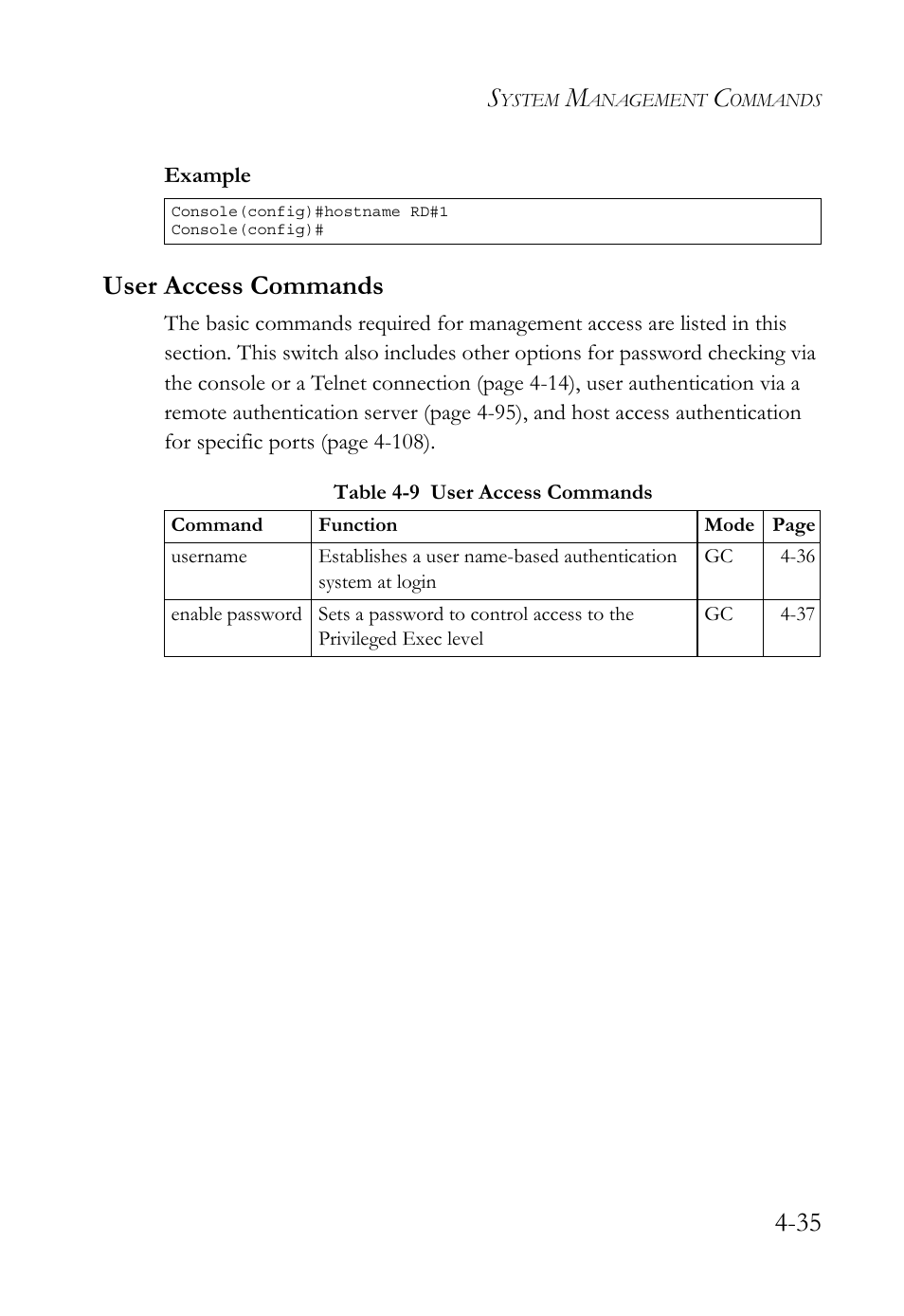 User access commands, User access commands -35, Table 4-9 | SMC Networks TigerSwitch User Manual | Page 277 / 518