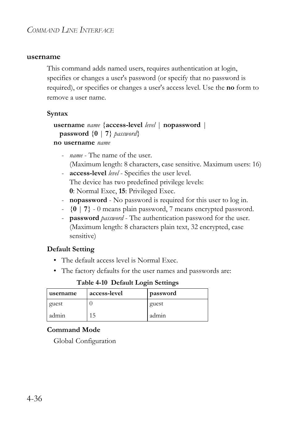 Username, Username -36, Table 4-10 default login settings -36 | SMC Networks TigerSwitch User Manual | Page 278 / 518